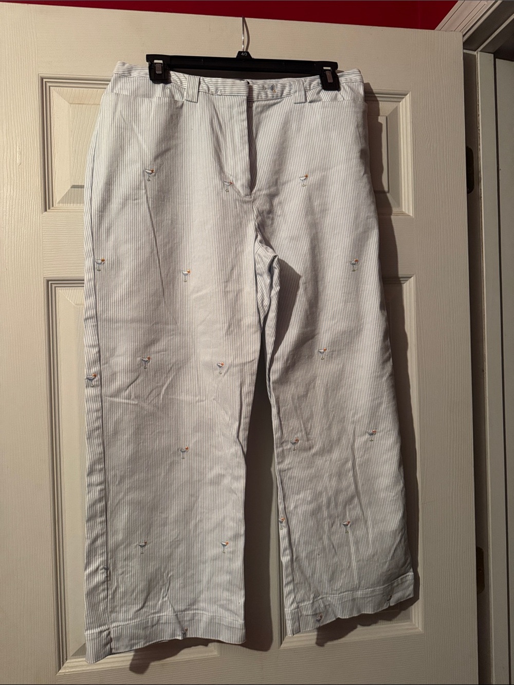 Women’s Cropped Stripe Embroidered Ankle Pants - Light Blue